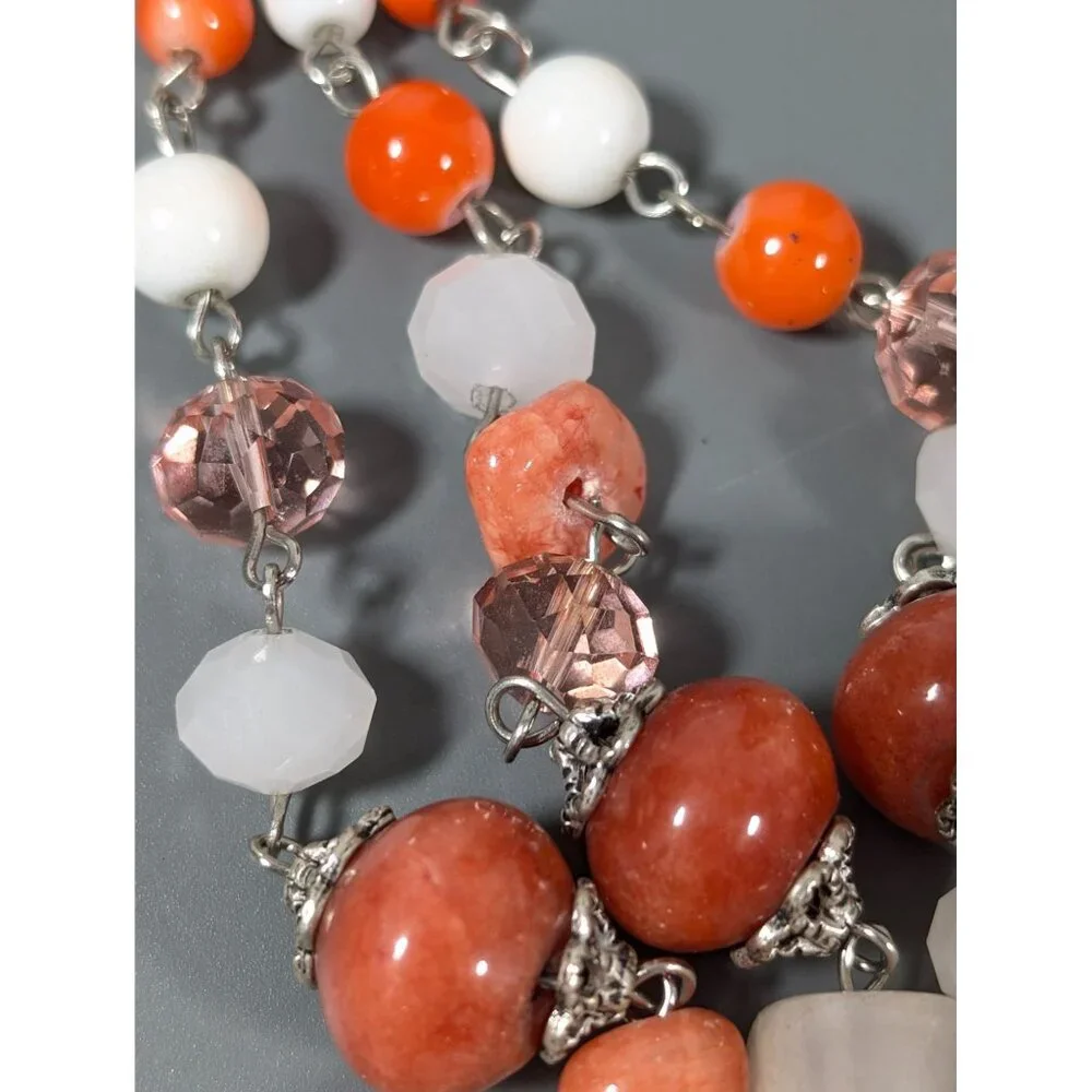 Boho Coastal Chic‎ White Orange Brown Stone Layered Necklace 17